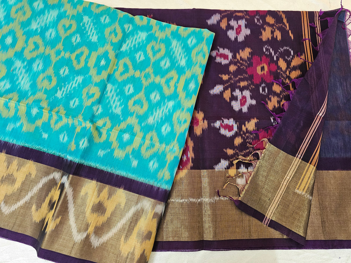 Blue with Purple Pochampally Ikkat Silk Cotton (SICO Pattu)