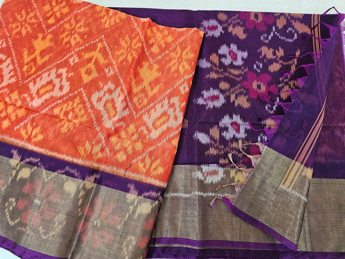 Orange with Purple Pochampally Ikkat Silk Cotton (SICO Pattu)