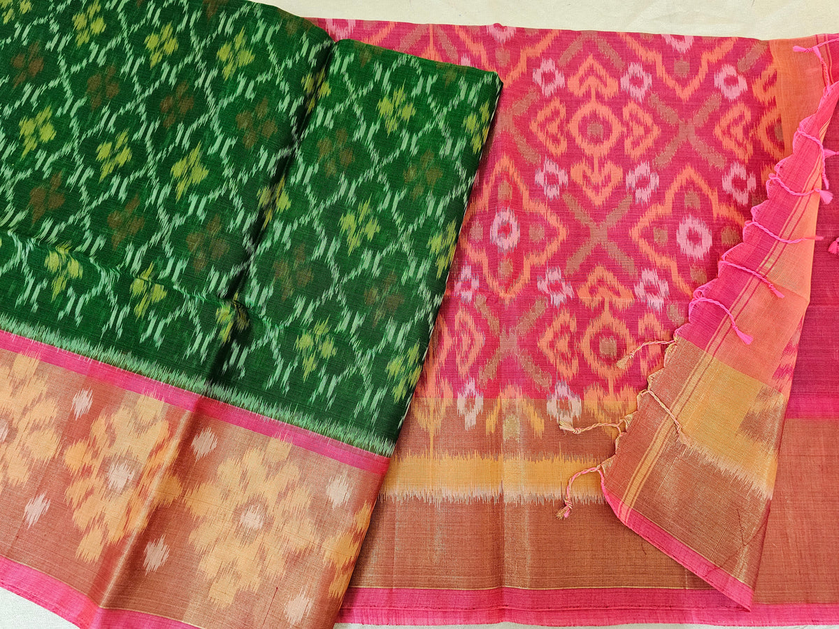 Green with Pink Pochampally Ikkat Silk Cotton (SICO Pattu)