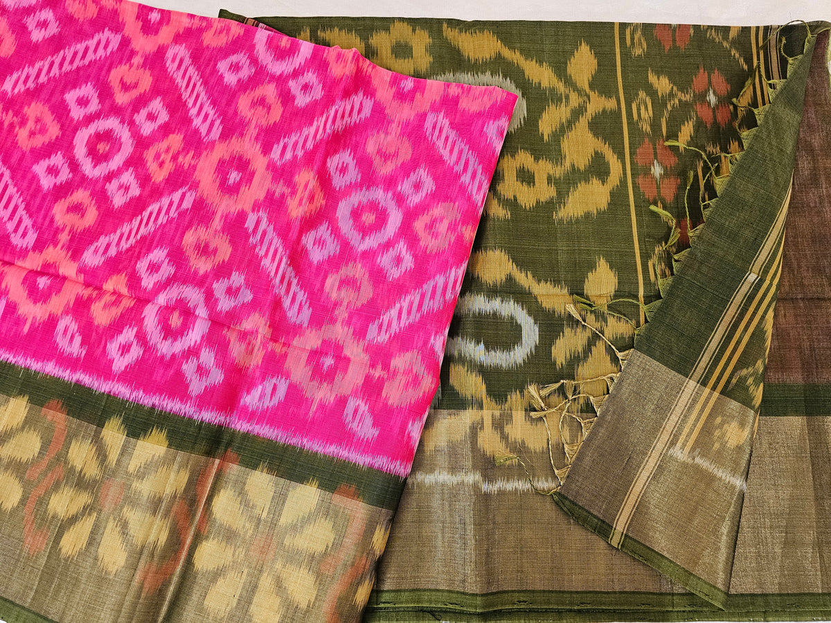 Pink with Green Pochampally Ikkat Silk Cotton (SICO Pattu)