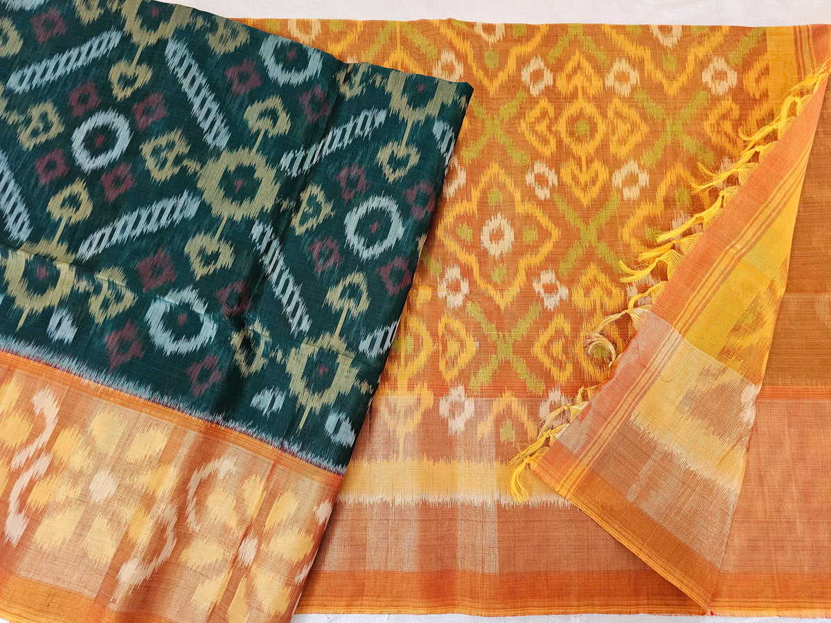 Green with yellow Pochampally Ikkat Silk Cotton (SICO Pattu)