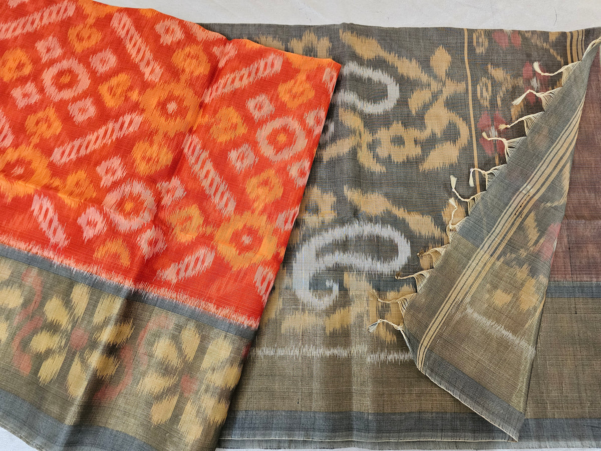 Orange with Grey Pochampally Ikkat Silk Cotton (SICO Pattu)