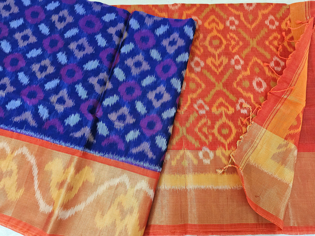 Blue with Orange Pochampally Ikkat Silk Cotton (SICO Pattu)