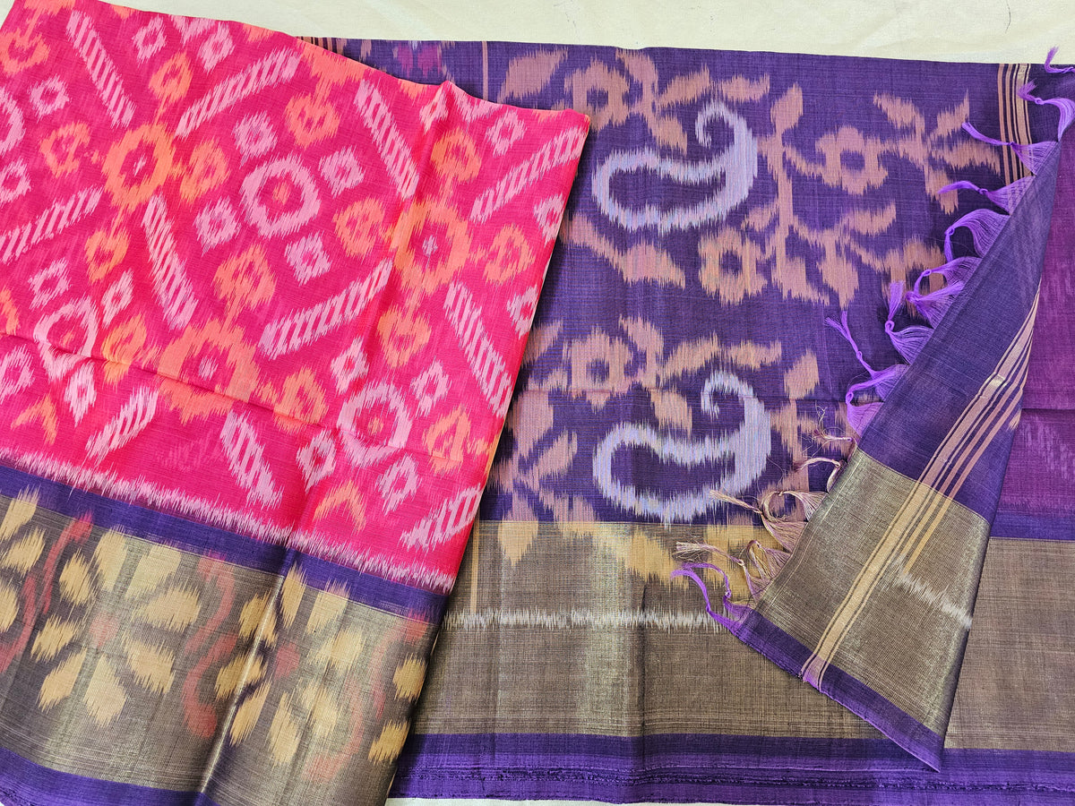 Pink with Lavender Pochampally Ikkat Silk Cotton (SICO Pattu)
