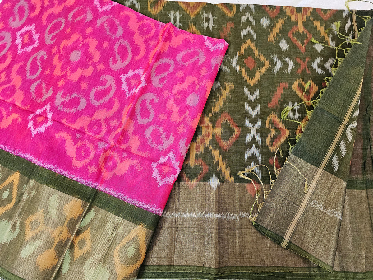 Pink with Green  Pochampally Ikkat Silk Cotton (SICO Pattu)