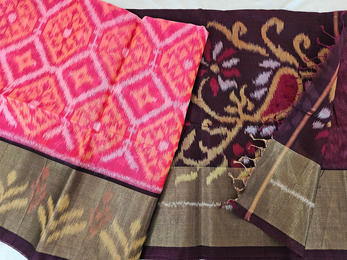 Peach with Brown Pochampally Ikkat Silk Cotton (SICO Pattu)