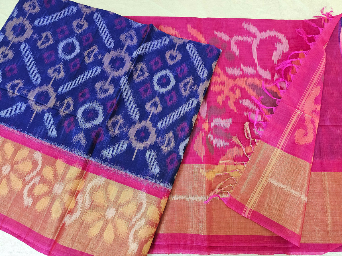 Blue with Pink Pochampally Ikkat Silk Cotton (SICO Pattu)