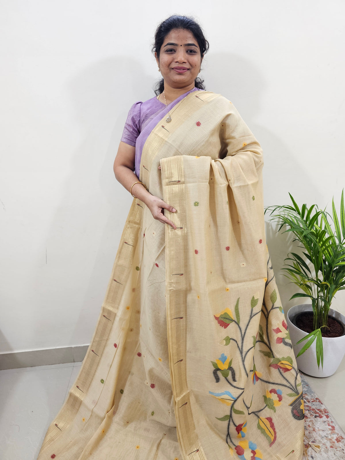 Soft Cotton with Weaving Floral Pattern  - Cream