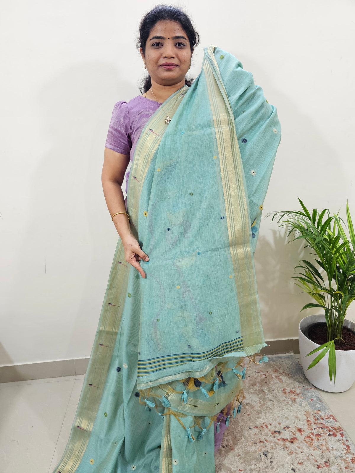 Soft Cotton with Weaving Floral Pattern  - Blue