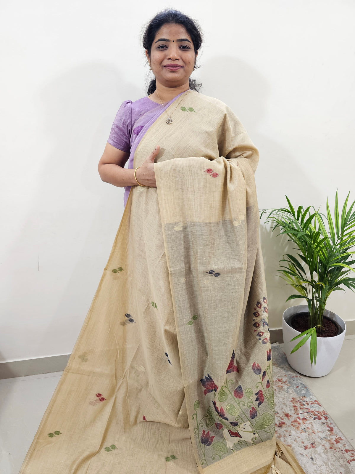Soft Cotton with Weaving Floral Pattern  - Cream