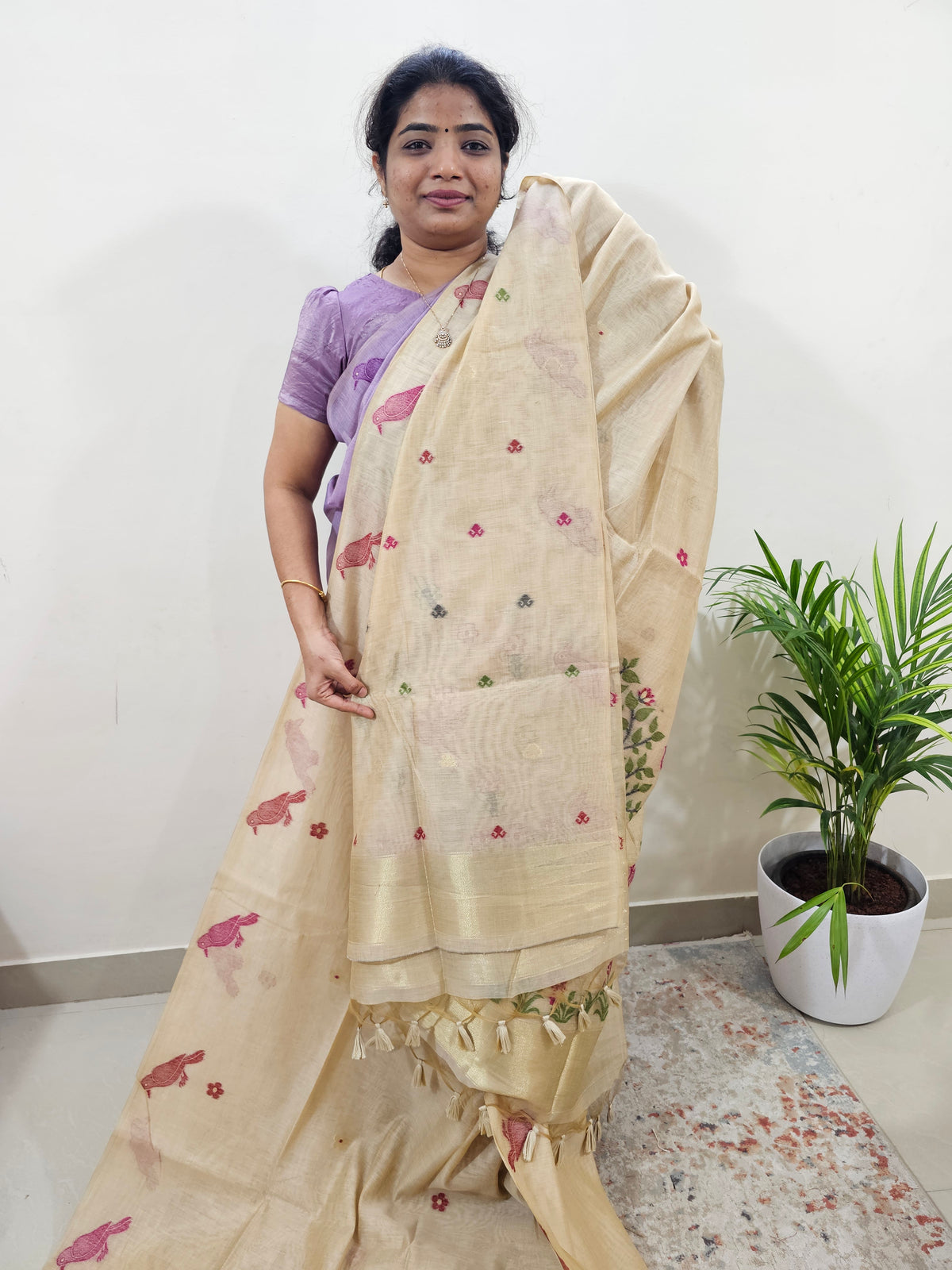 Soft Cotton with Weaving Floral Pattern  - Cream