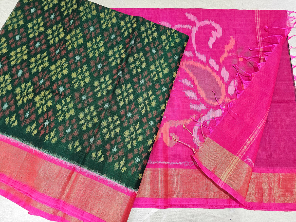 Green with Pink Pochampally Ikkat Silk Cotton (SICO Pattu)