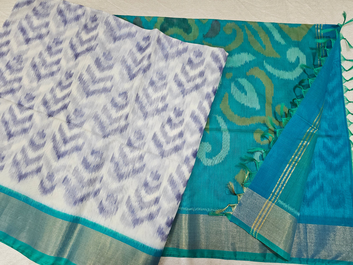 White with Blue Pochampally Ikkat Silk Cotton (SICO Pattu)