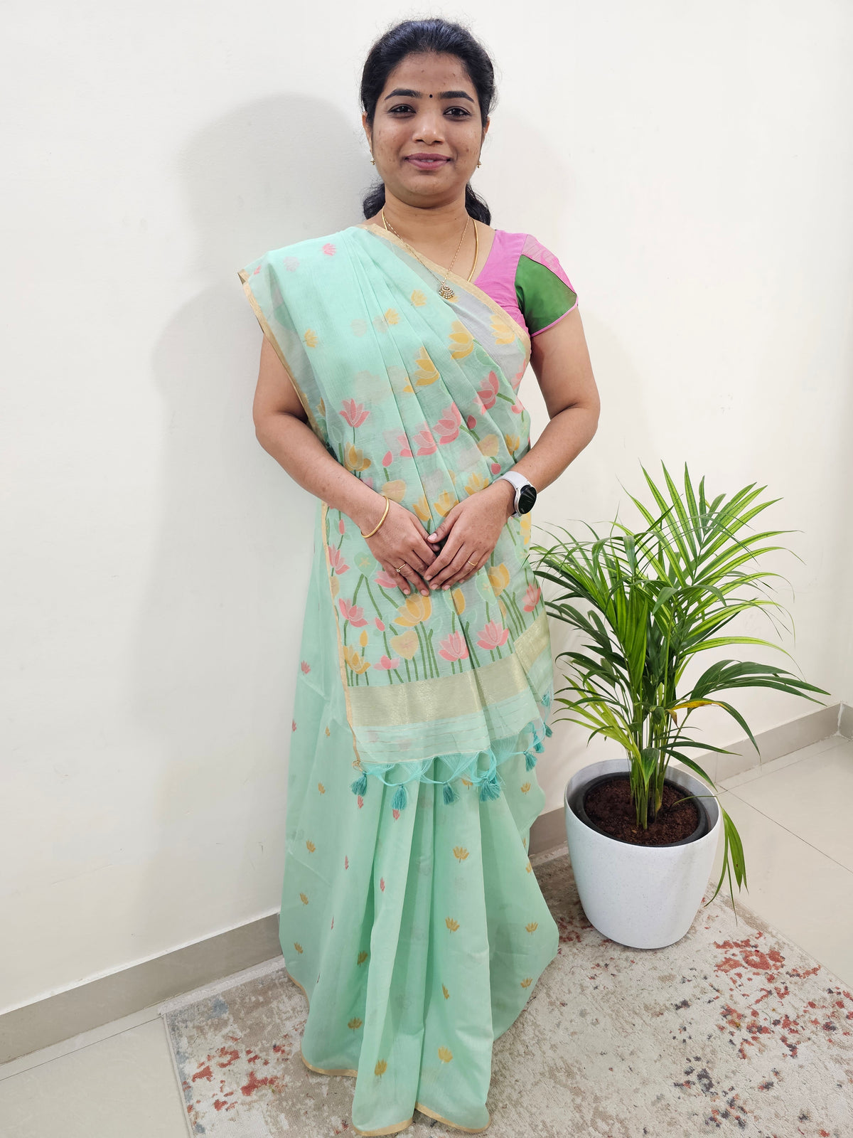 Semi Kota Doria with Jamdani Saree - Sea Green
