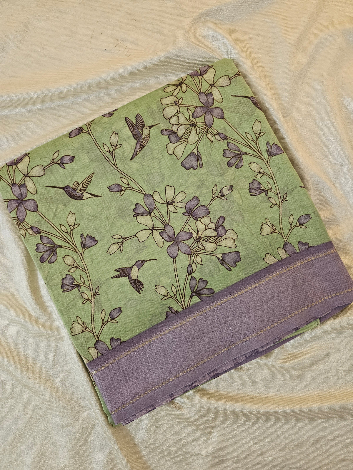 Pure Chanderi Butter Silk - Green with Lavender
