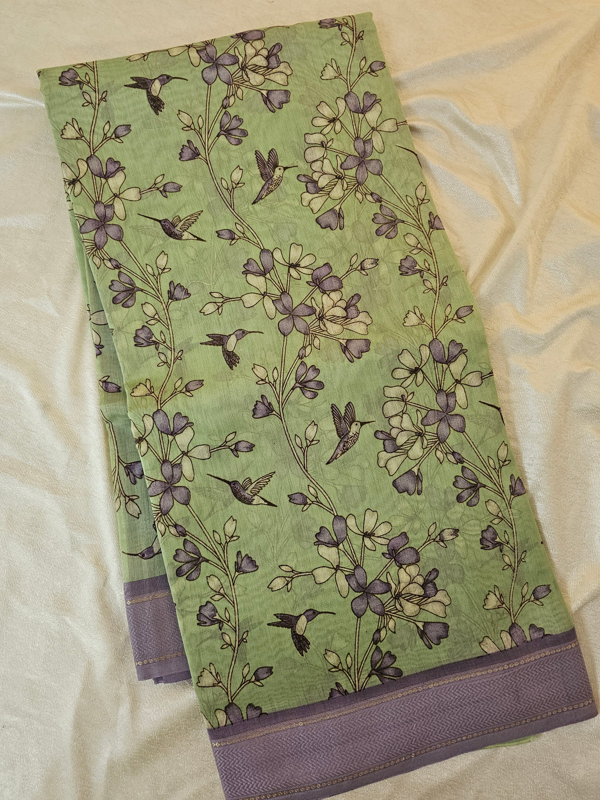 Pure Chanderi Butter Silk - Green with Lavender
