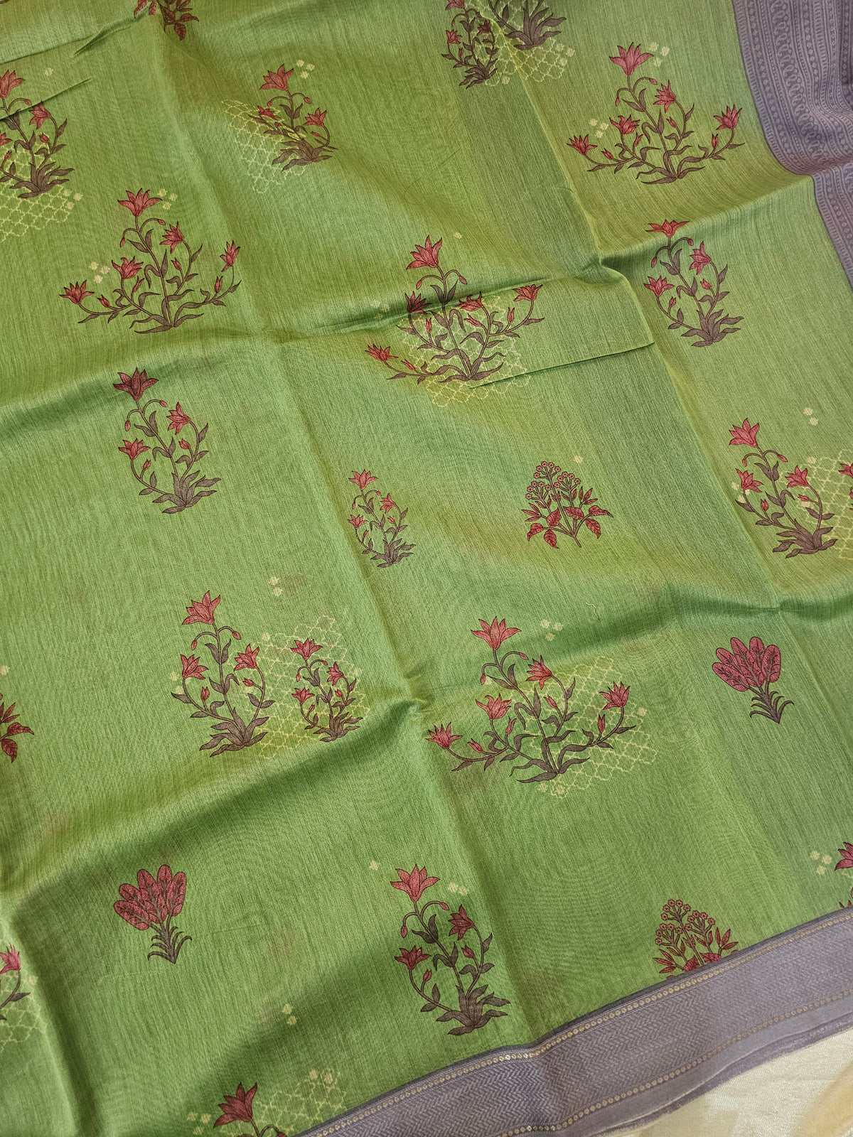 Pure Chanderi Butter Silk - Green with Lavender