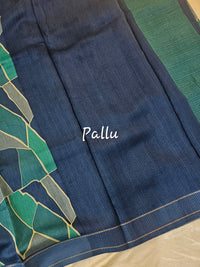 Pure Chanderi Butter Silk - Blue with Sea Green