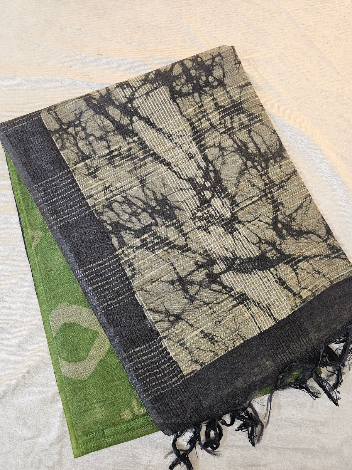 Bhagalpuri with Batik Print - Green with Grey