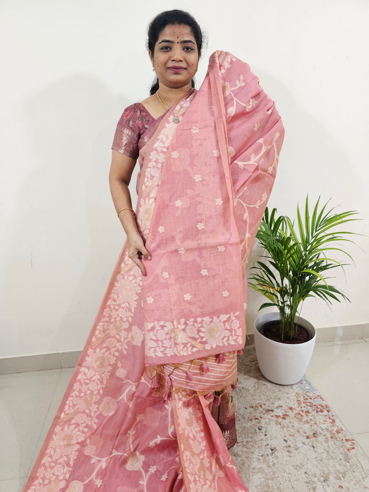 Soft Cotton with Weaving Floral Pattern  - Pink