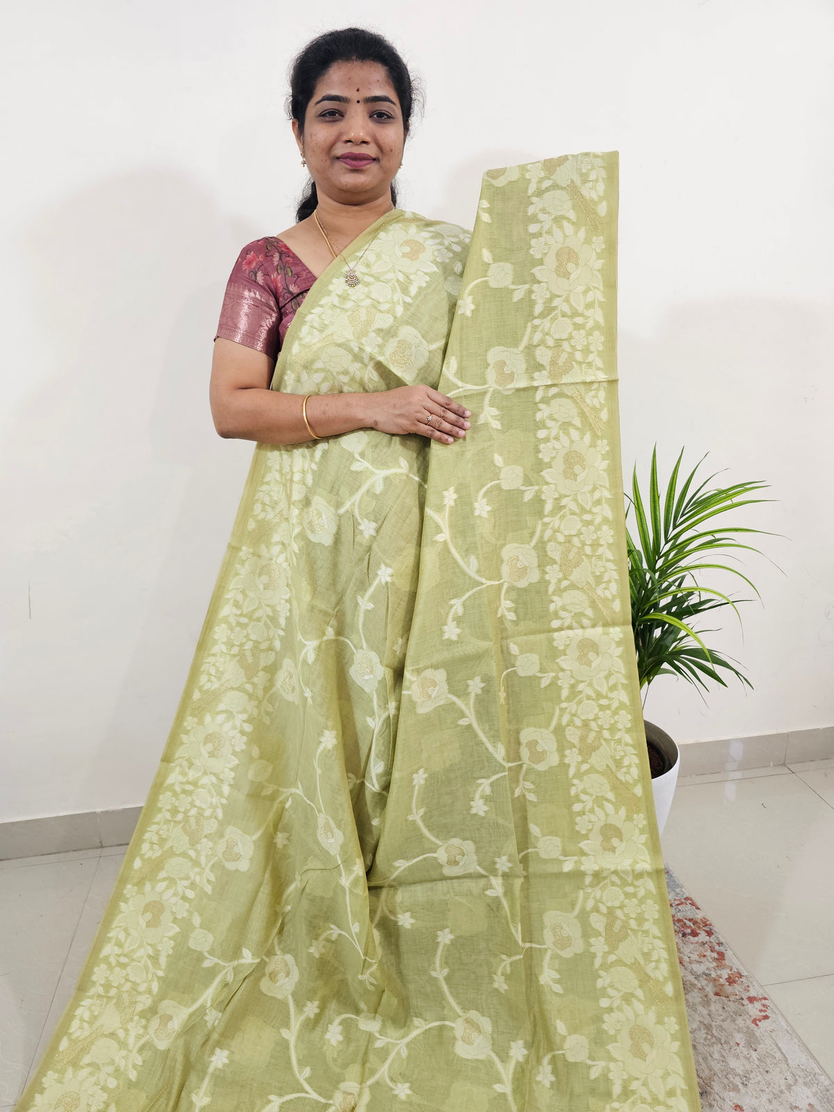 Soft Cotton with Weaving Floral Pattern  - Green