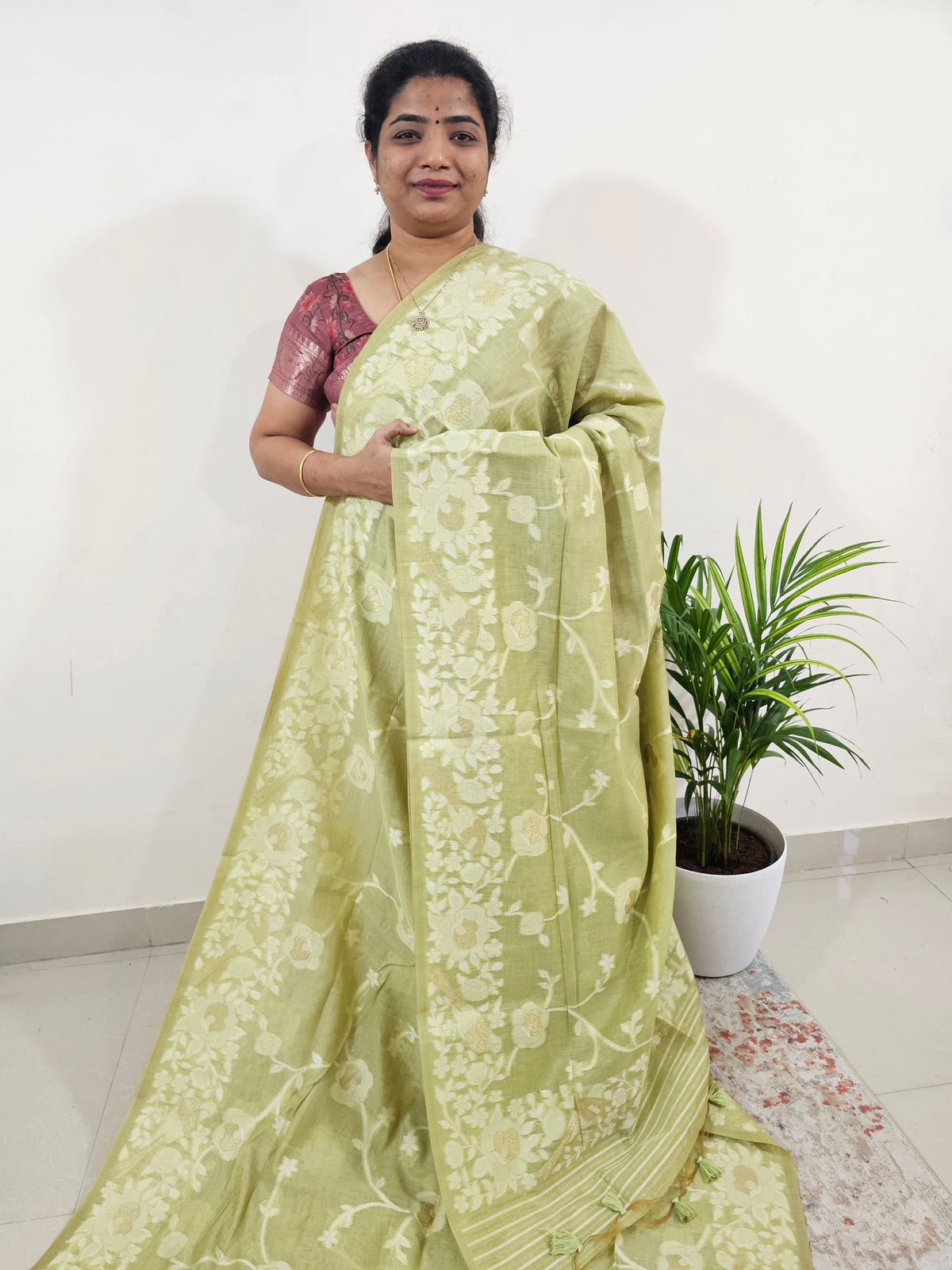 Soft Cotton with Weaving Floral Pattern  - Green