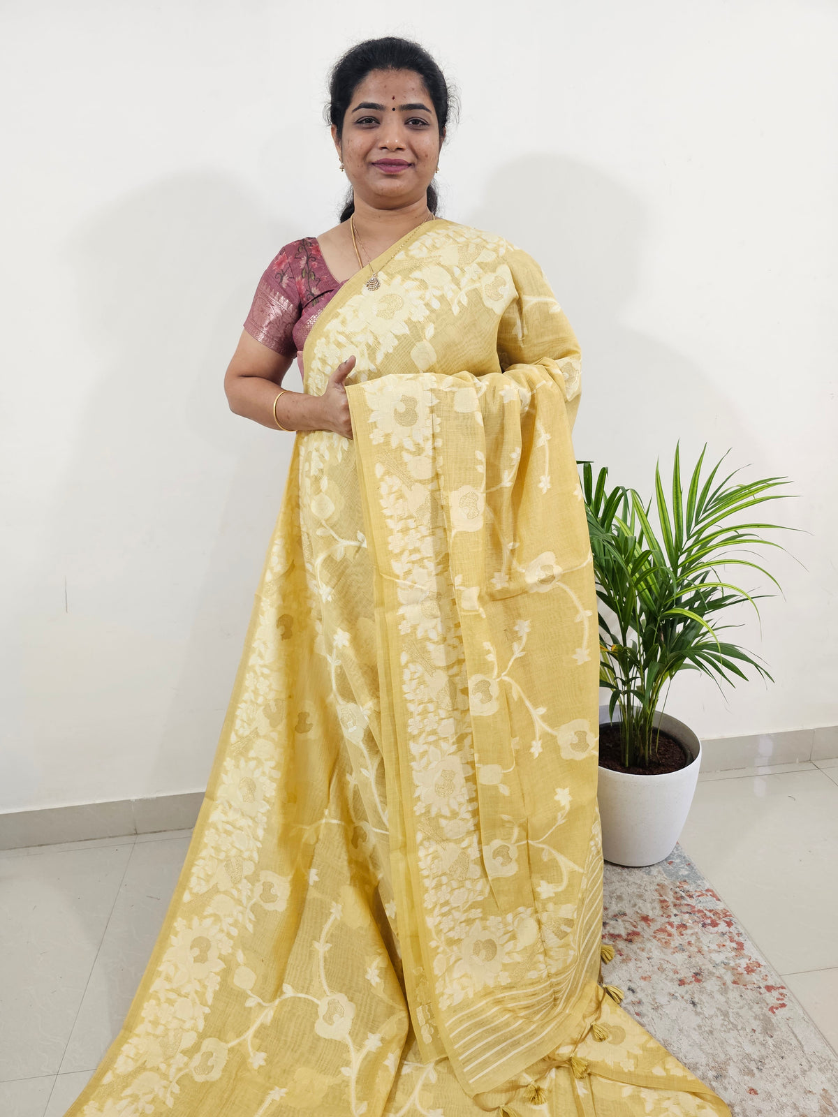 Soft Cotton with Weaving Floral Pattern  - Yellow