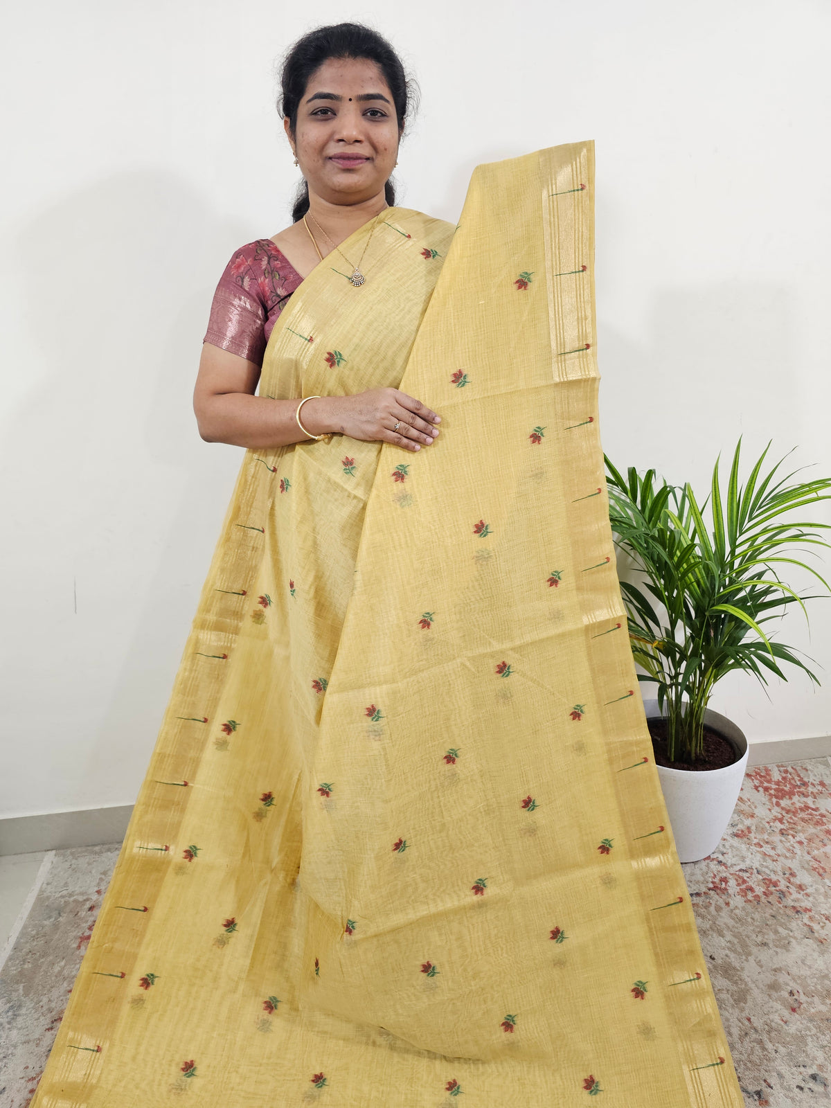 Soft Cotton with Weaving Floral Pattern  - Golden Shade