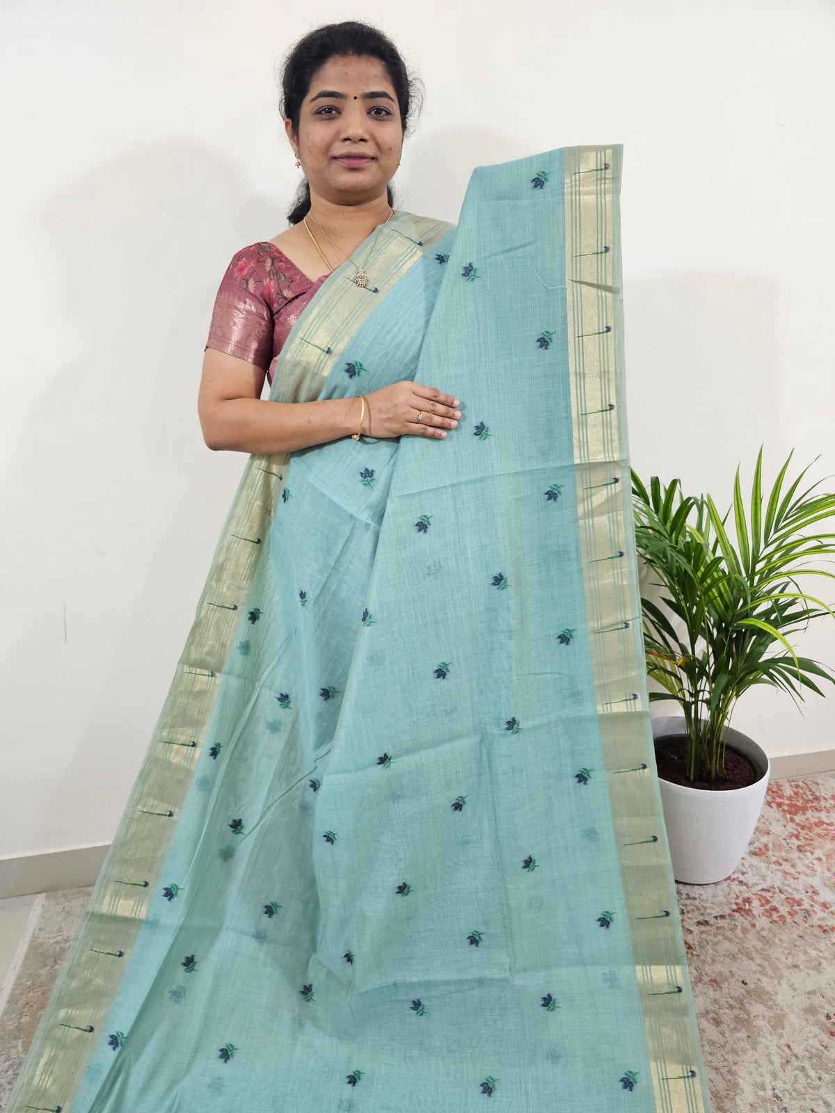 Soft Cotton with Weaving Floral Pattern  - Sea Blue