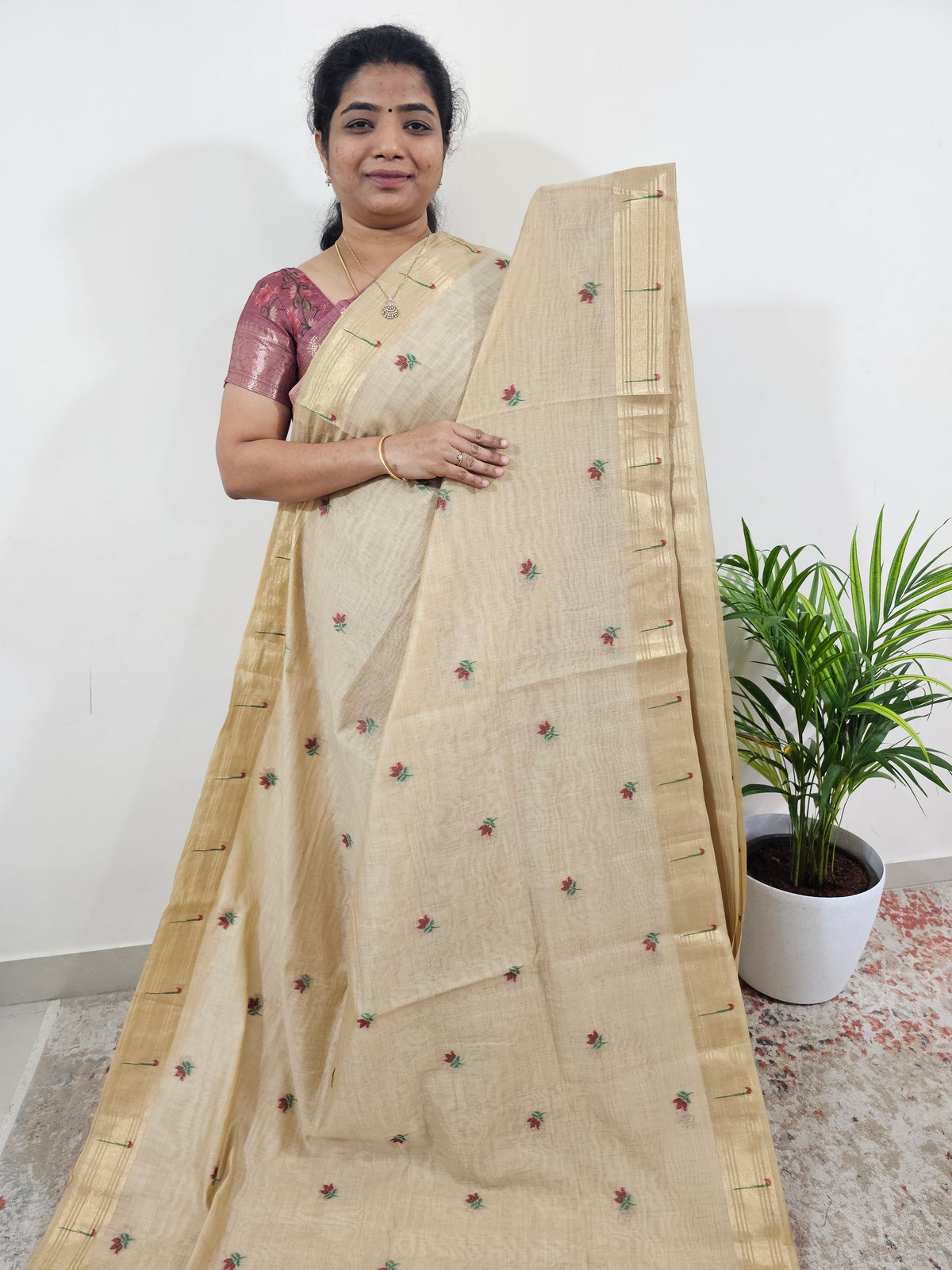 Soft Cotton with Weaving Floral Pattern  - Cream