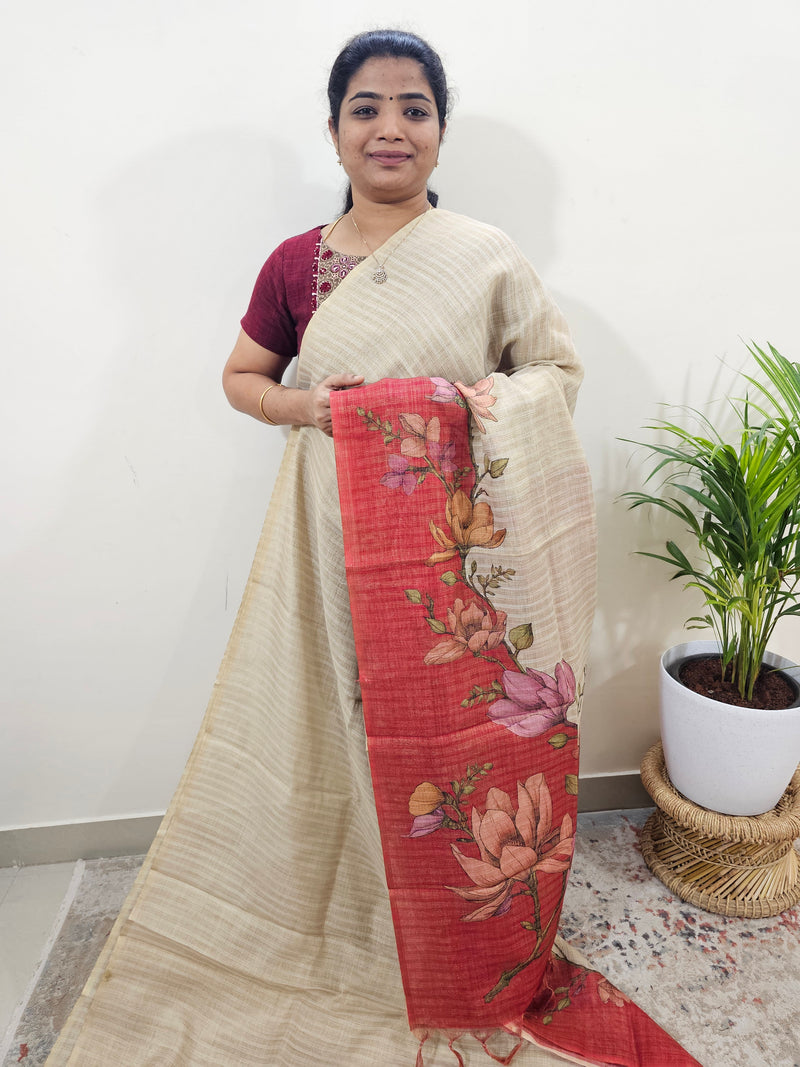 𝐏𝐫𝐞𝐛𝐨𝐨𝐤𝐢𝐧𝐠 𝐀𝐯𝐚𝐢𝐥𝐚𝐛𝐥𝐞 𝟐0 𝐃𝐚𝐲𝐬 𝐃𝐢𝐬𝐩𝐚𝐭𝐜𝐡 𝐓𝐢𝐦𝐞 Linen Tissue with Zari Weaving Digital Printed Sarees - Red