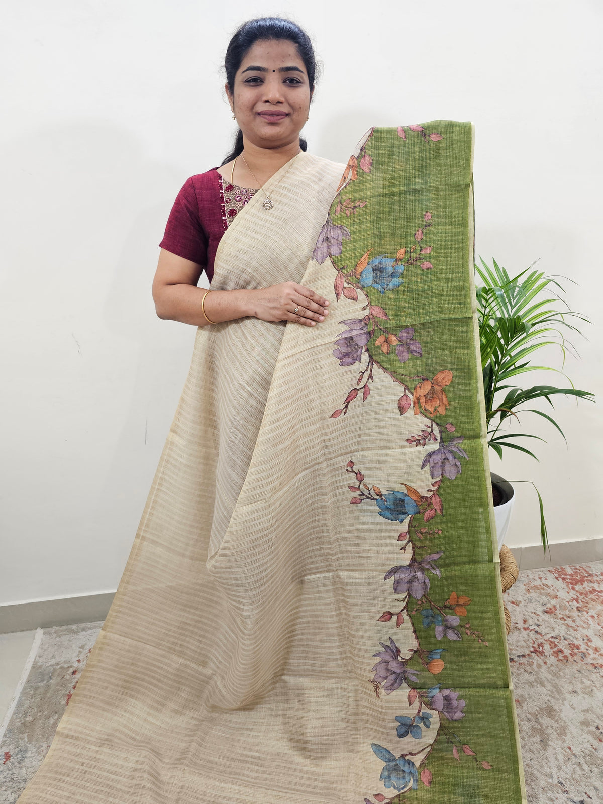 Linen Tissue with Zari Weaving Digital Printed Sarees - Green