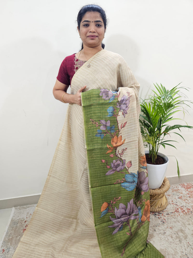 Linen Tissue with Zari Weaving Digital Printed Sarees - Green