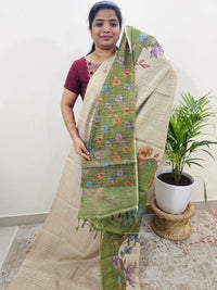 Linen Tissue with Zari Weaving Digital Printed Sarees - Green