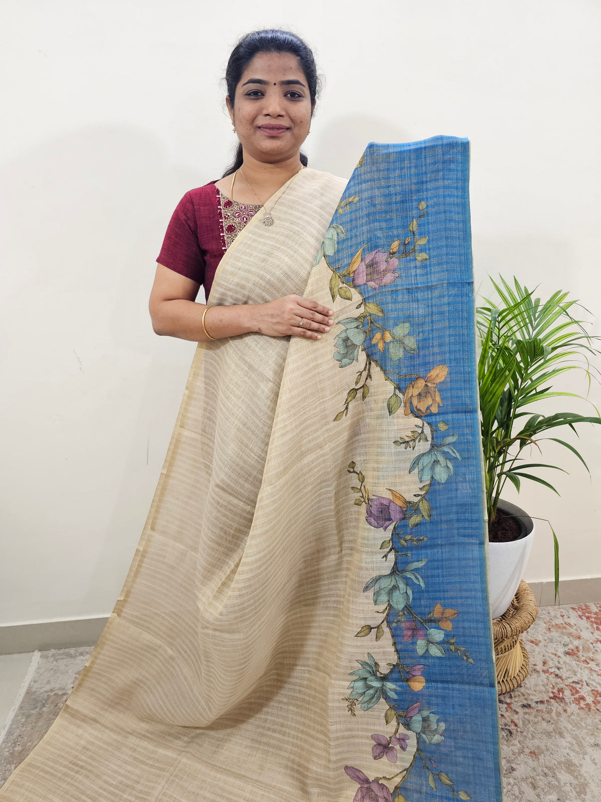 Linen Tissue with Zari Weaving Digital Printed Sarees - Blue