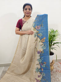 Linen Tissue with Zari Weaving Digital Printed Sarees - Blue