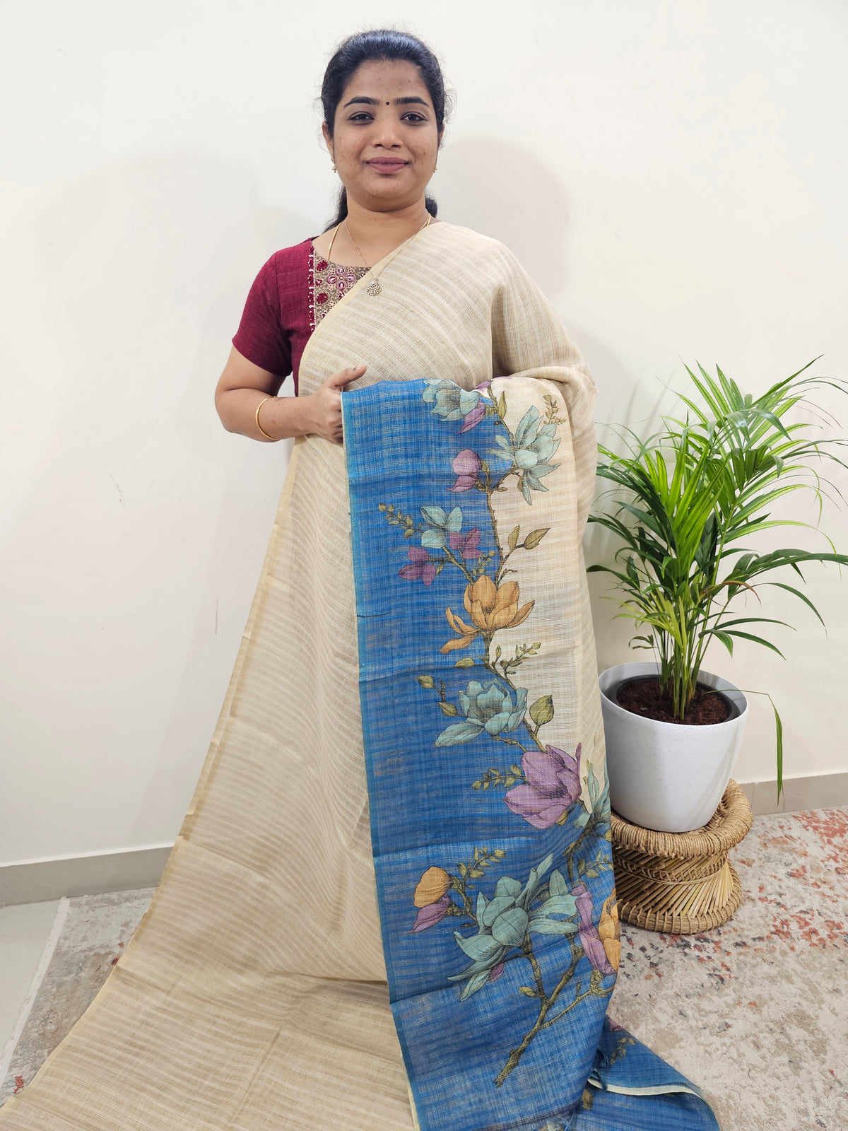 Linen Tissue with Zari Weaving Digital Printed Sarees - Blue