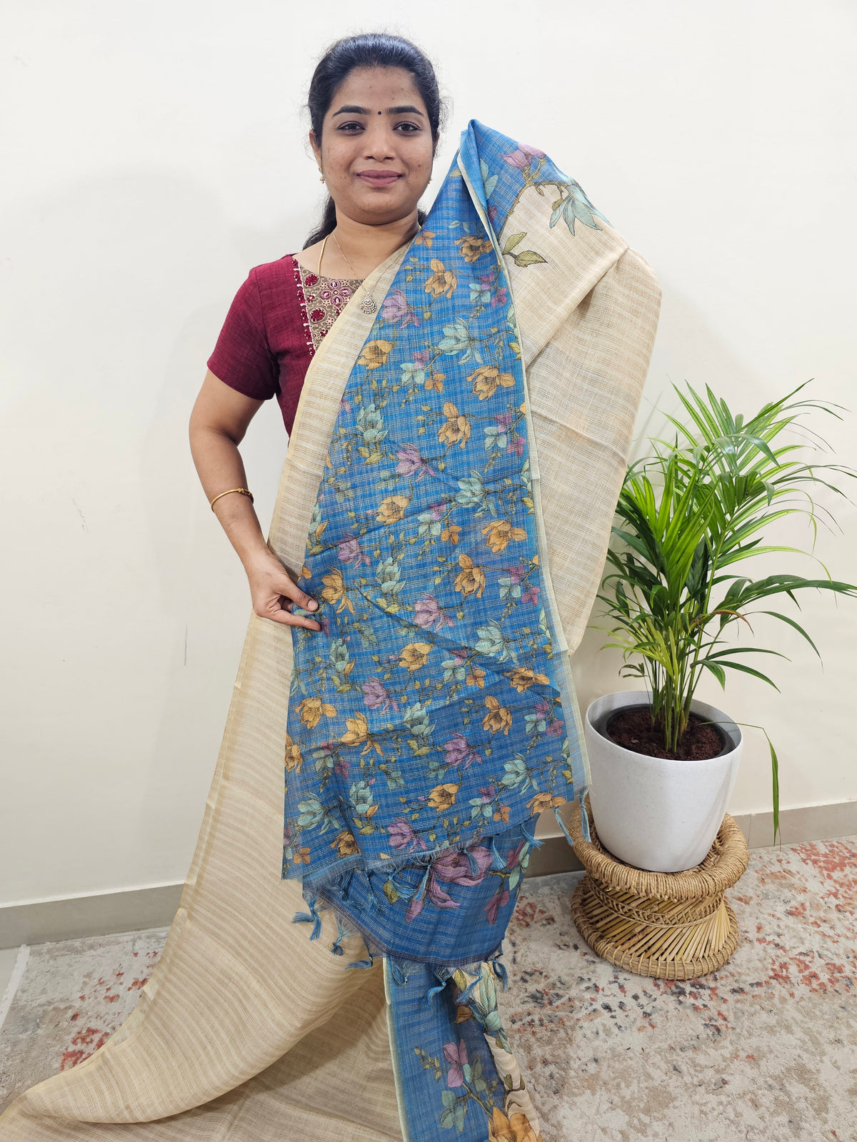 Linen Tissue with Zari Weaving Digital Printed Sarees - Blue