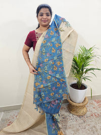Linen Tissue with Zari Weaving Digital Printed Sarees - Blue