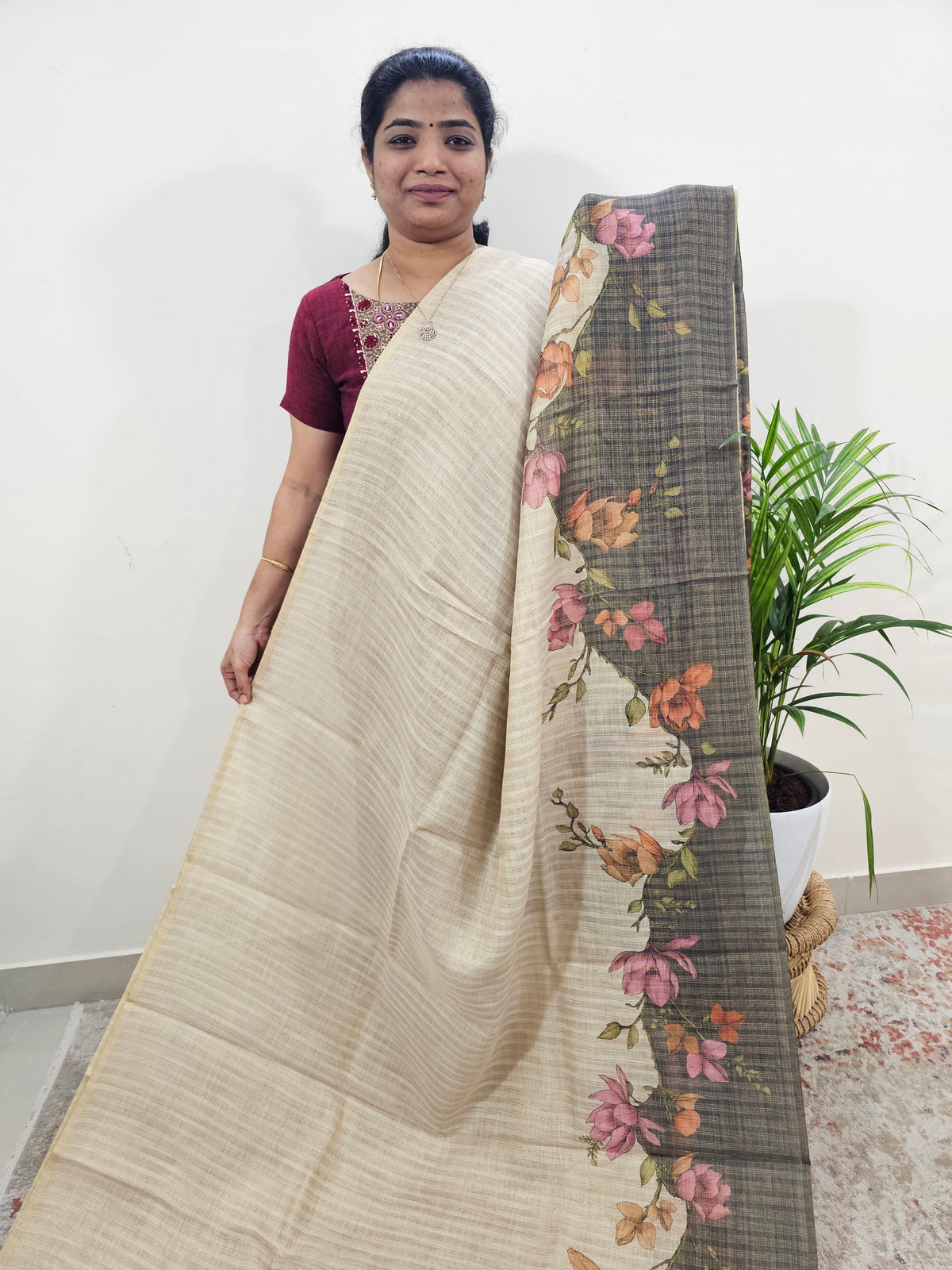 Linen Tissue with Zari Weaving Digital Printed Sarees - Grey