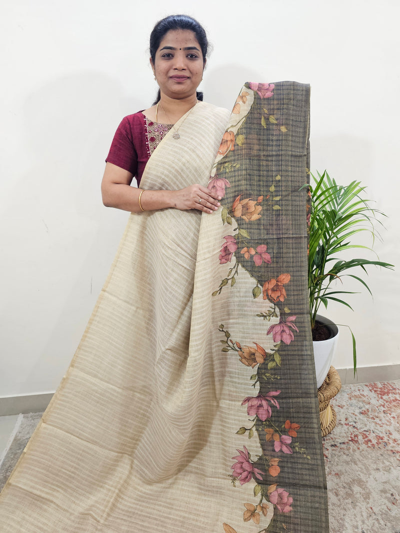 Linen Tissue with Zari Weaving Digital Printed Sarees - Grey