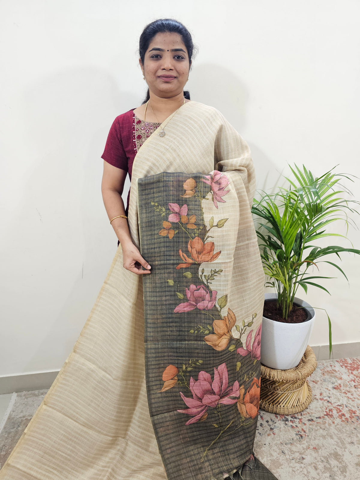 Linen Tissue with Zari Weaving Digital Printed Sarees - Grey