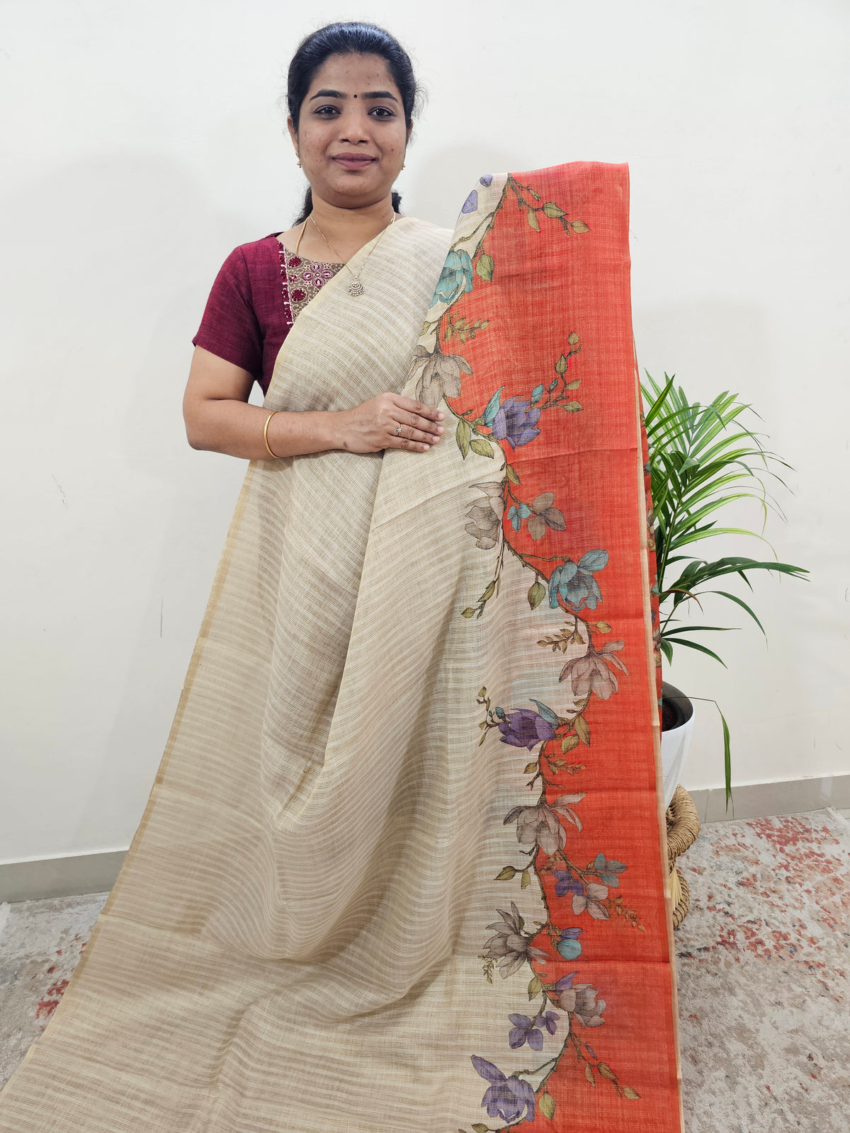 Linen Tissue with Zari Weaving Digital Printed Sarees - Orange