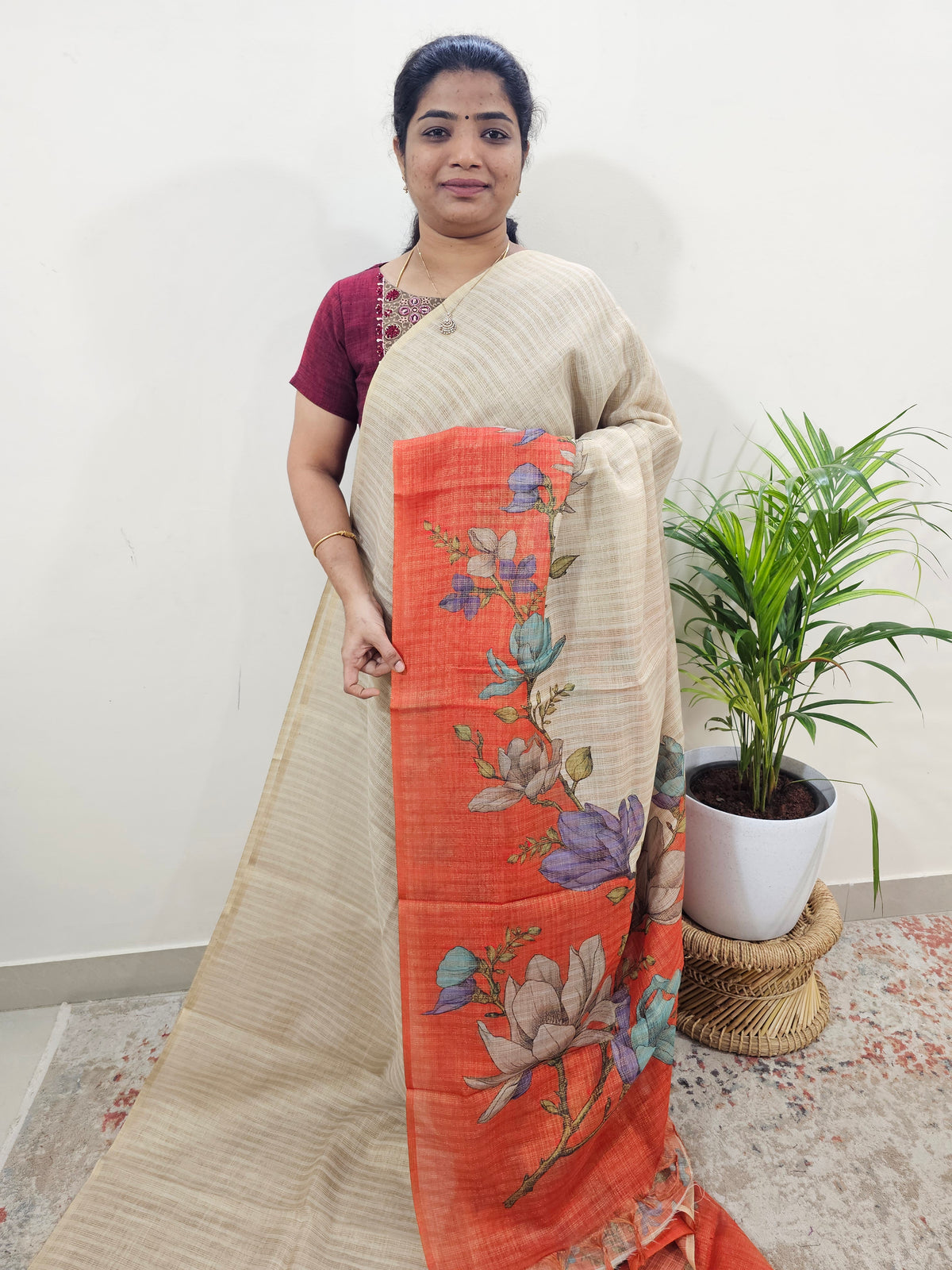 Linen Tissue with Zari Weaving Digital Printed Sarees - Orange