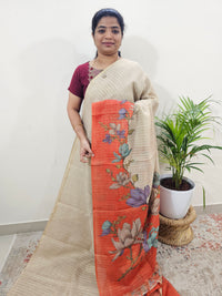 Linen Tissue with Zari Weaving Digital Printed Sarees - Orange