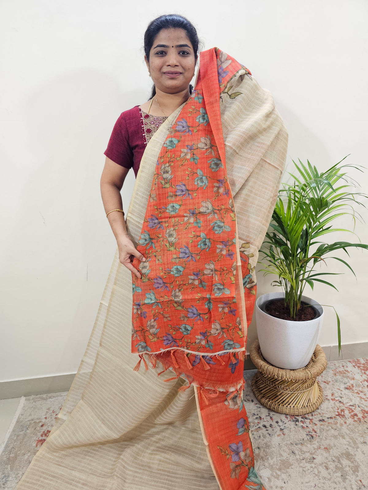 Linen Tissue with Zari Weaving Digital Printed Sarees - Orange