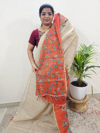 Linen Tissue with Zari Weaving Digital Printed Sarees - Orange