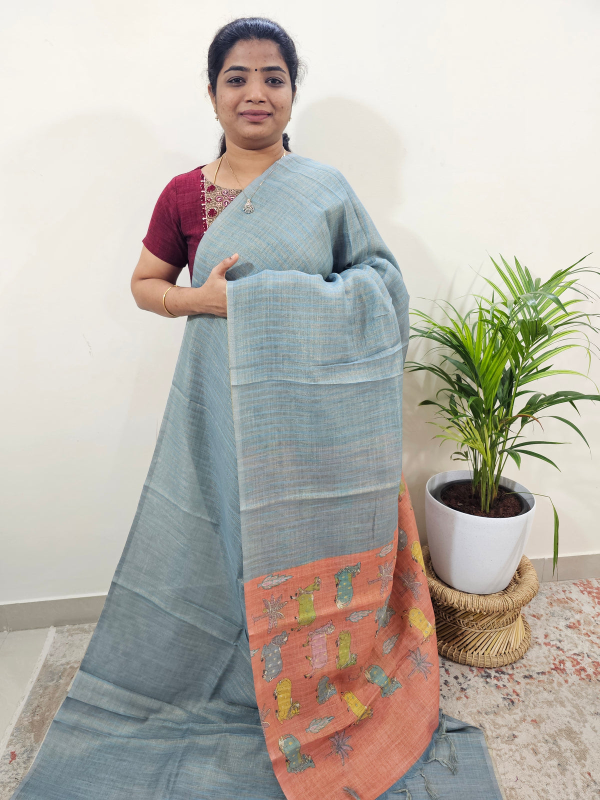 Linen Tissue with Zari Weaving Digital Printed Sarees - Grey with Peach