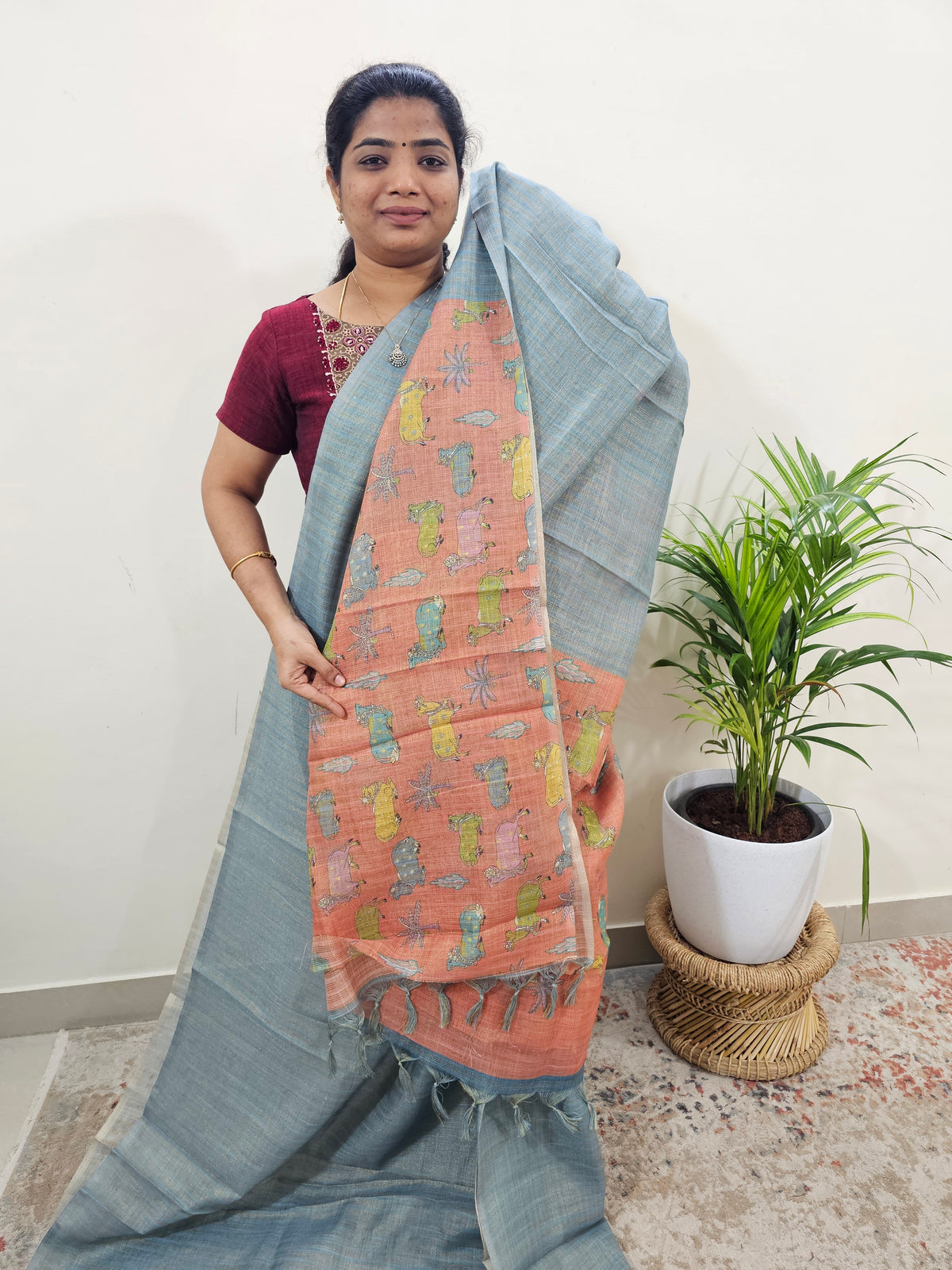 Linen Tissue with Zari Weaving Digital Printed Sarees - Grey with Peach