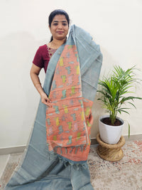 Linen Tissue with Zari Weaving Digital Printed Sarees - Grey with Peach
